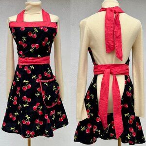Grandway Retro-Style Hostess Apron Cherry Print w/ Black Background Rockabilly